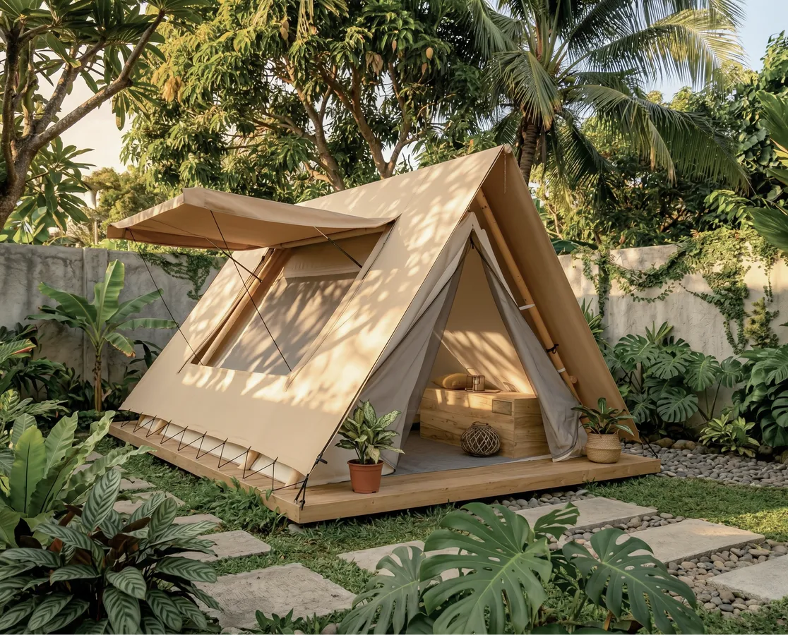 Aura glamping tent in a backyard