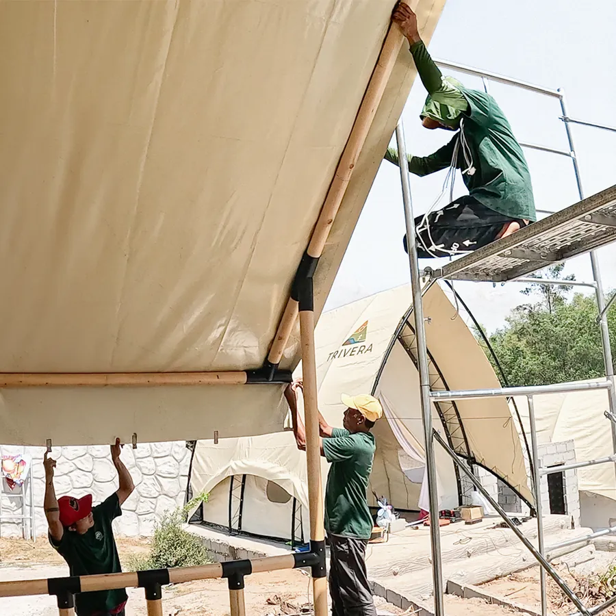 A Solora glamping tent being installed in Zambales