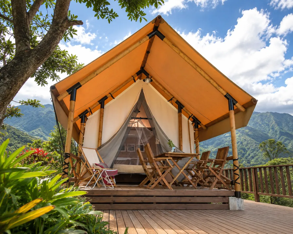 A SOLORA safari tent at a mountain lodge setting