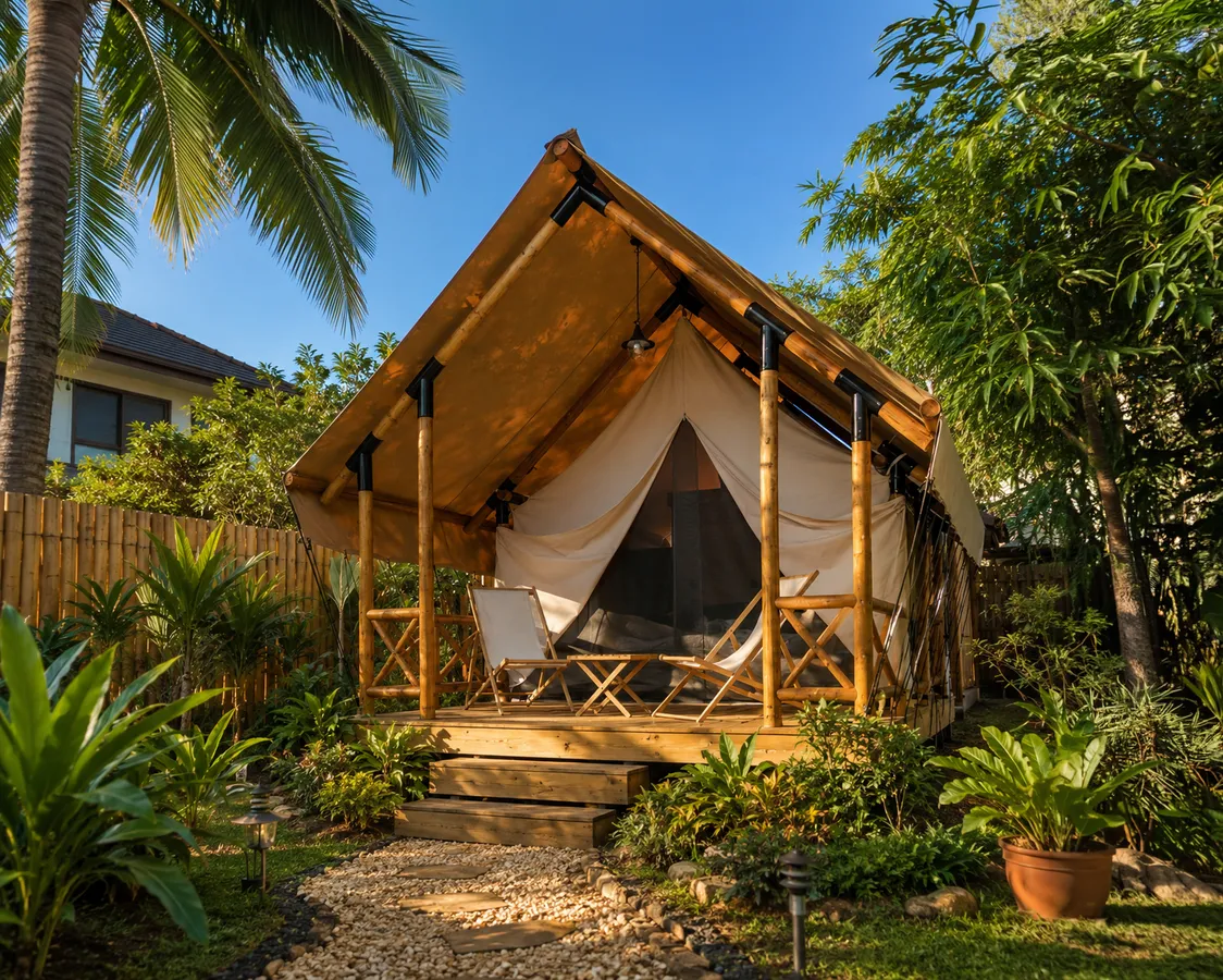 Terra glamping tent in a backyard